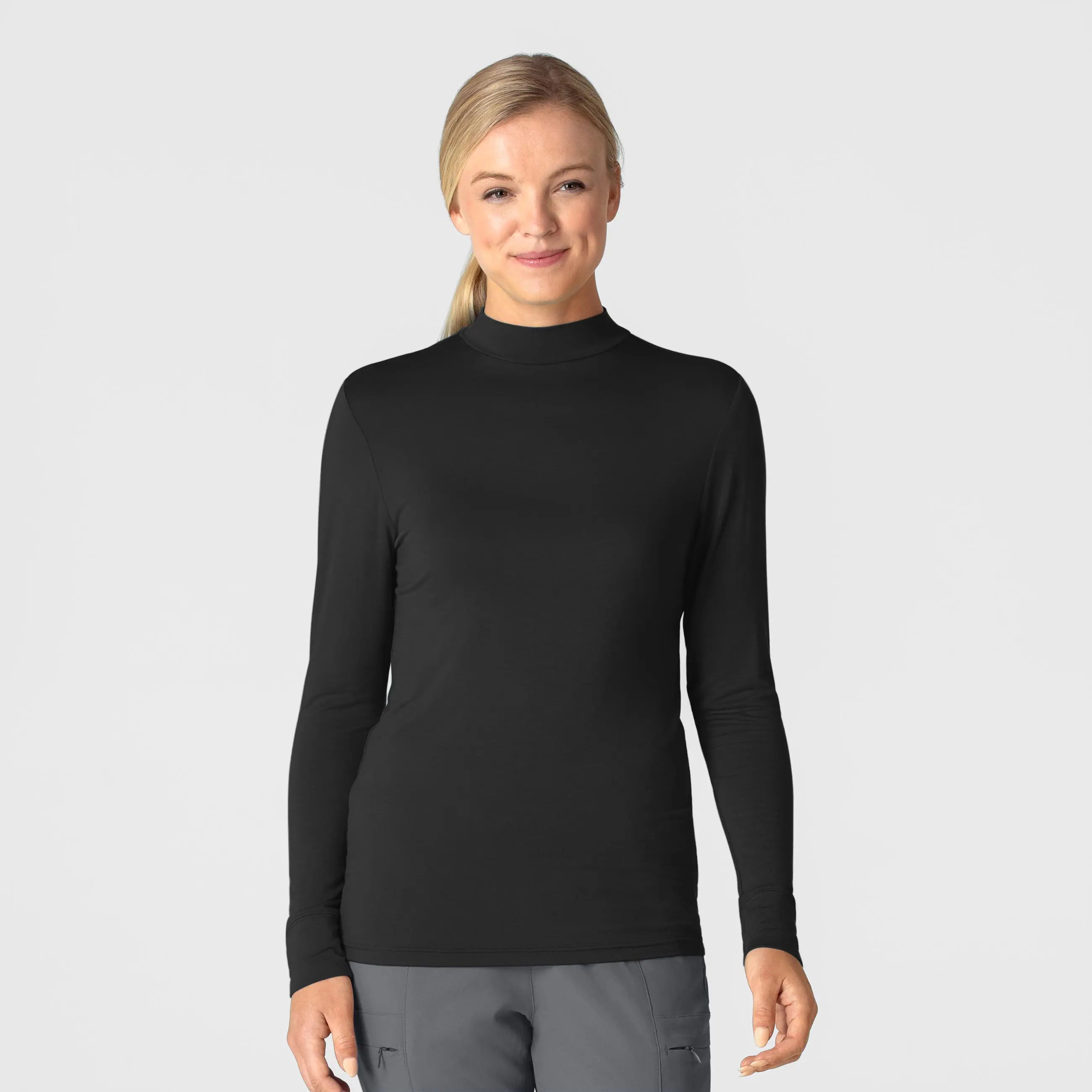 Wink Women's Long Sleeve Mock Neck Silky Tee - Black