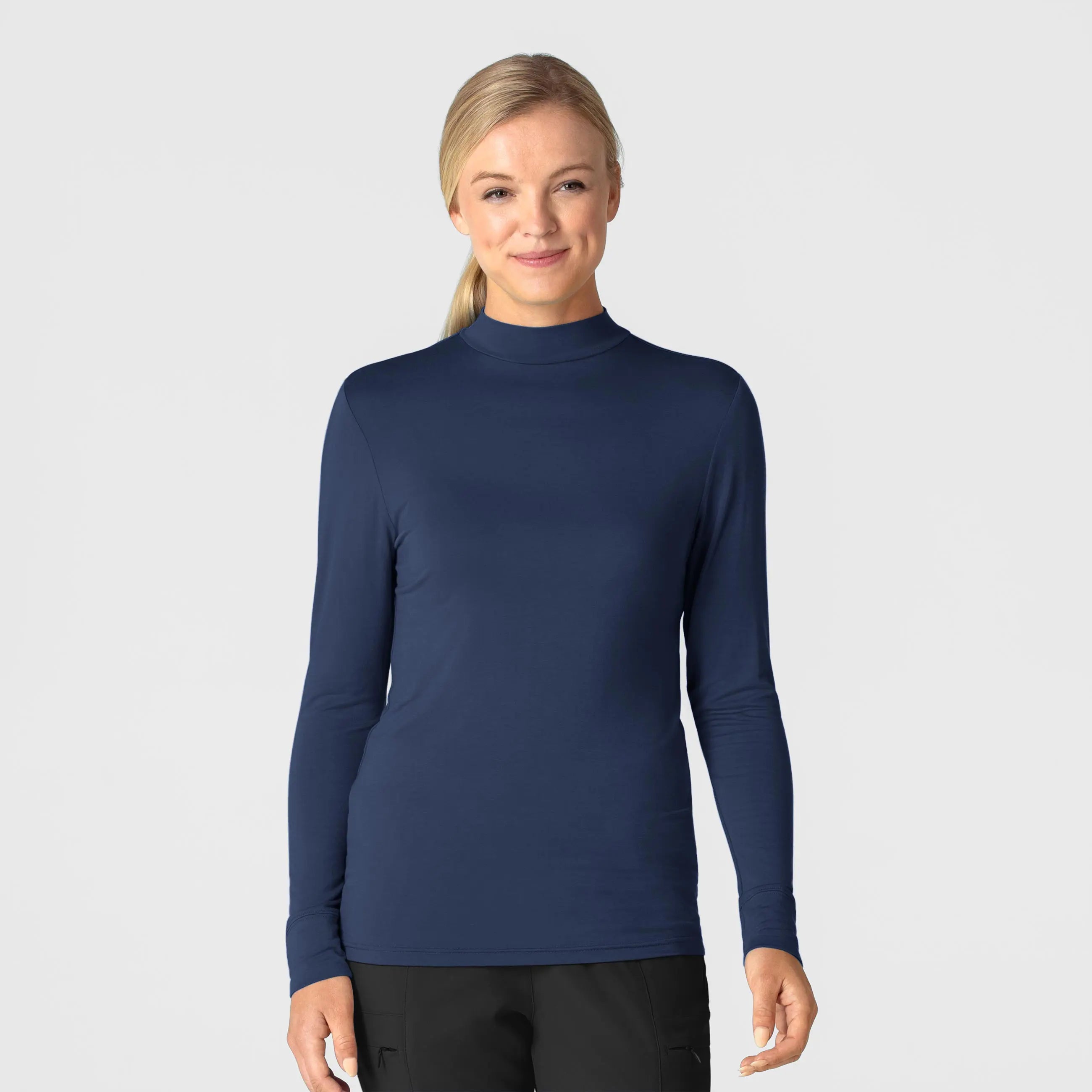 Wink Women's Long Sleeve Mock Neck Silky Tee - Navy