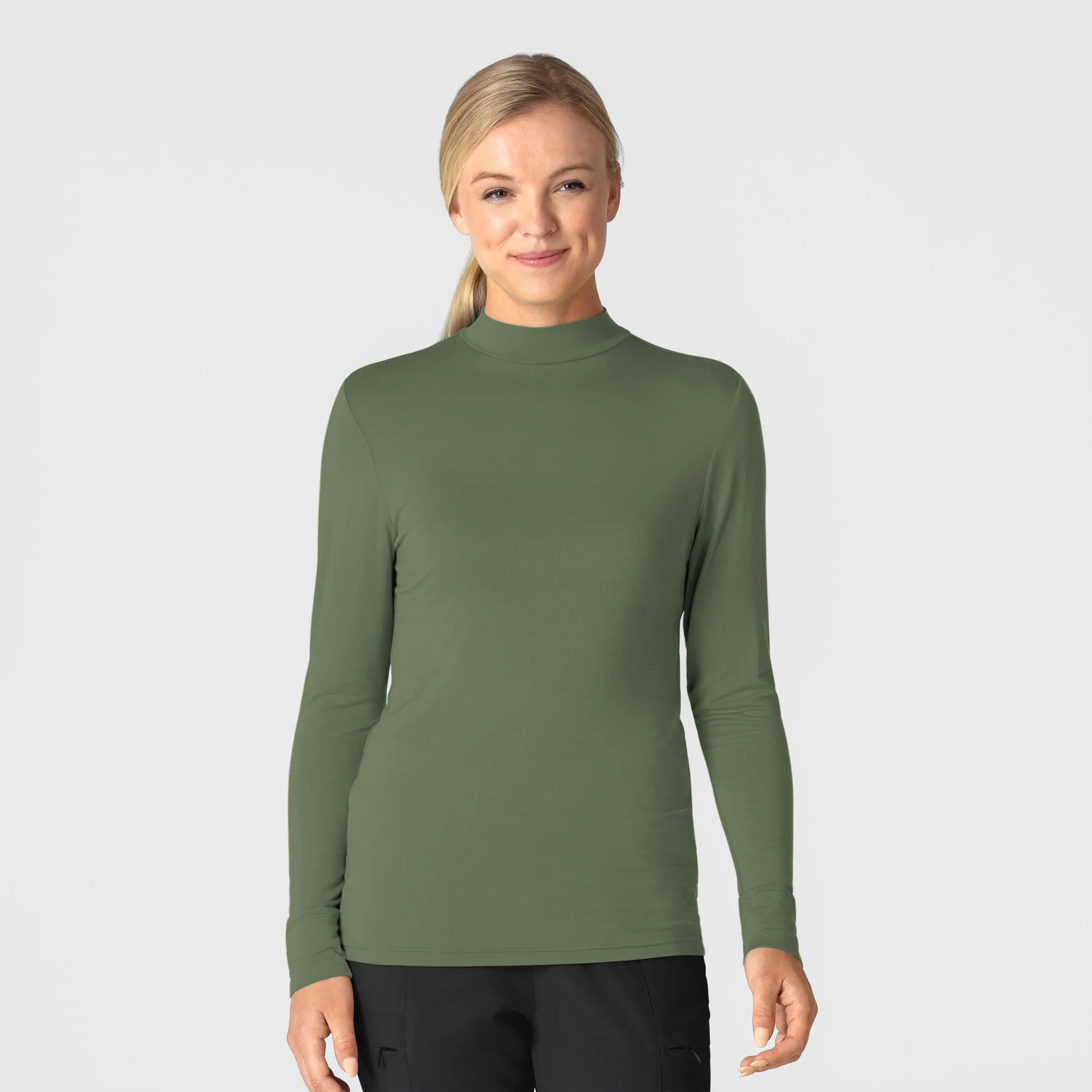 Wink Women's Long Sleeve Mock Neck Silky Tee - Olive