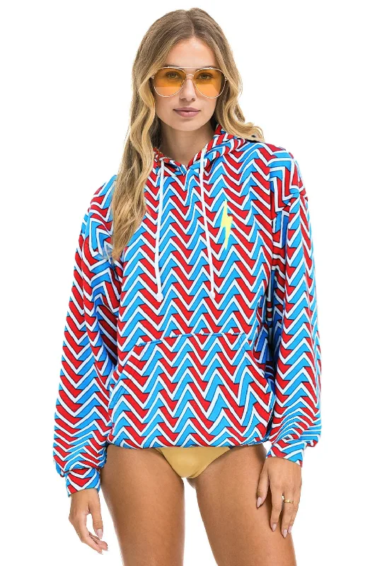 GEO ZIG BOLT EMBROIDERY RELAXED PULLOVER HOODIE - RED // BLUE