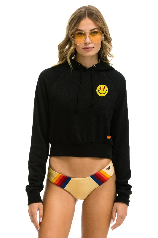 SMILEY BOLT EYES CROPPED HOODIE - BLACK