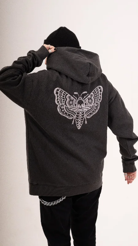 Zip Faded Death Moth Hoodie - Black