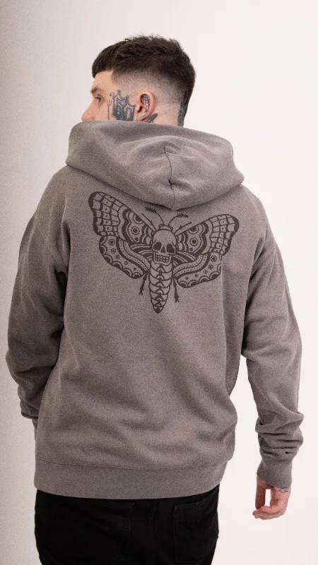 Zip Faded Death Moth Hoodie - Grey